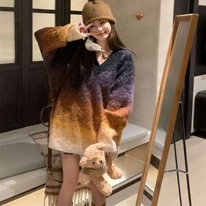 Gradient V-Neck Oversized Knit Sweater - Multi Brown